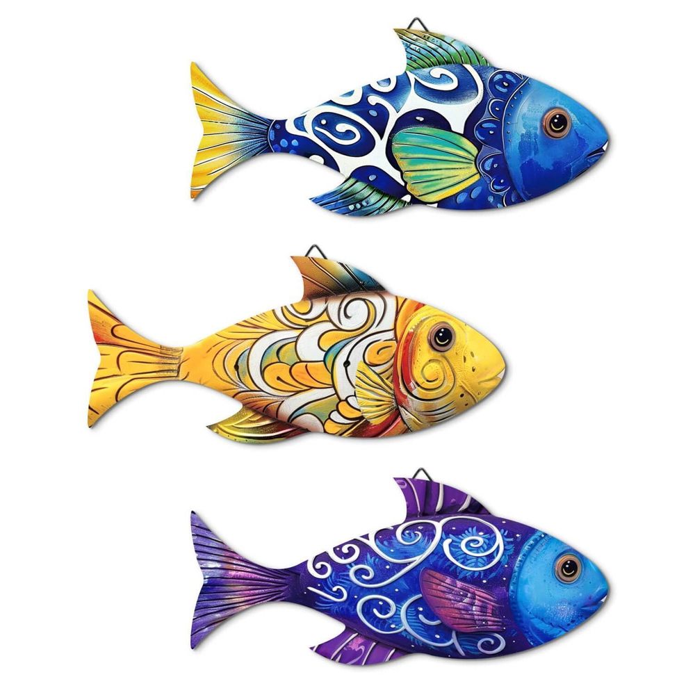 3 Pcs Wooden Fish Beach Wall Decor Nautical Coastal Wall Sculpture Wood Ocean💜